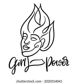 Portrait and face of woman in one continuous line with girl power lettering.