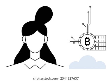 Portrait of a faceless woman with a Bitcoin symbol and a cloud icon. Ideal for cryptocurrency, fintech, digital economy, blockchain technology, modern tech trends. Minimalist vector art style