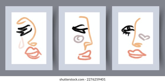 Portrait faces female character wall art print. Printable minimal abstract poster. Wall artwork for interior design. Contemporary decorative background. 