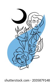 Portrait of the faces of girls drawn in one line with a black moon, mystical and magical poster