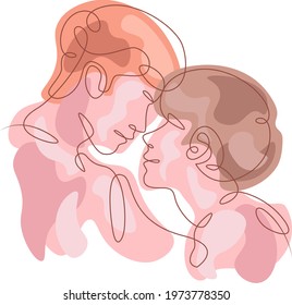 Portrait of the faces of two lovers. Hugs of young lovers. Colored lines. One continuous line logo single hand drawn isolated minimal illustration.Colored abstract background.