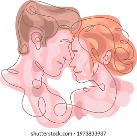 Portrait of the faces of two lovers. Hugs of young lovers. Colored lines. One continuous line logo single hand drawn isolated minimal illustration.Colored abstract background.