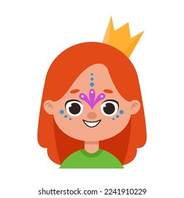 Portrait of fairy tale princess with golden crown on her head, creative makeup. Children face with colorful painting cartoon illustration. Party, entertainment concept