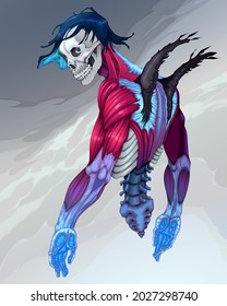Portrait of a fallen angel with skull face. Vector horror illustration.
