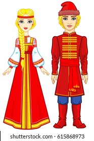 Portrait of a family in ancient Russian clothes. Fairy tale character. Full growth. Vector illustration isolated on a white background.