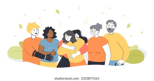 Portrait of family of diverse people hugging vector illustration. Young and elderly persons, man with prosthetic arm, African American girl. Family, diversity, happiness, inclusion, community concept