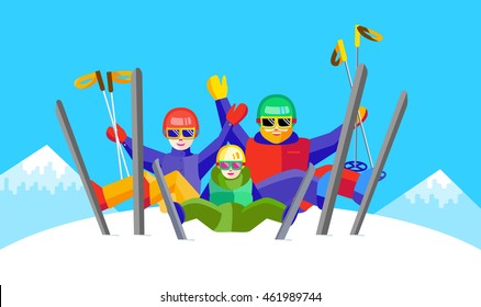 Portrait of family having fun in the snow. Flat vector Cheerful people resting on top of the mountain. Skiers family - mother, father, daughter or son relax during skiing.