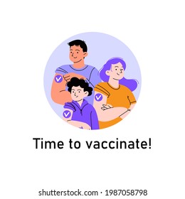 A portrait of a family just vaccinated. A man a woman and a child with patches on their shoulders