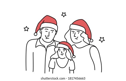 Portrait of a Family in New Year's hats. Vector line.