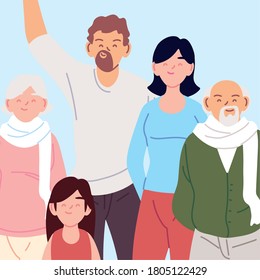 portrait of family, parents, grandparents and daughter vector illustration design