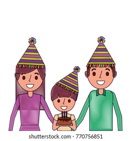 portrait family parents and her son with party hat holding birthday cake