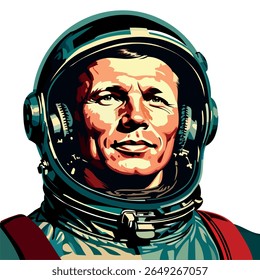 Portrait of the famous astronaut in space suit. Vector illustration.