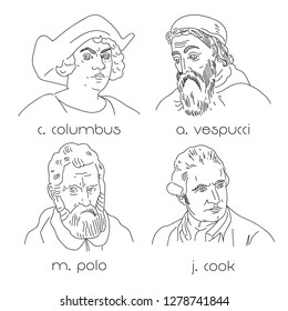 Portrait of famous explorers Christopher Columbus, Amerigo Vespucci, Marco Polo, James Cook.