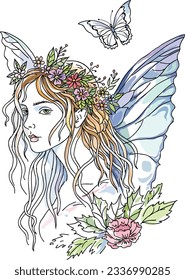 Portrait of a fantasy Butterfly fairy with flowers. Vector illustration for fashion print, background, decorative paper and other design.

