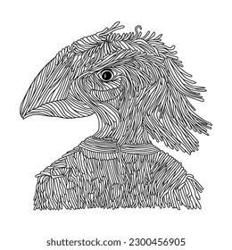 Portrait of fantasy character, bird and human  hybrid. Hand drawn black and white vector illustration.
