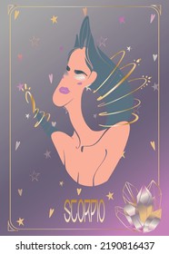 Portrait of a fantasy girl representing the zodiac sign Scorpio. Horoscope on a gradient background with golden elements. Vector art.