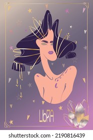 Portrait of a fantasy girl representing the zodiac sign Libra. Horoscope on a gradient background with golden elements. Vector art.
