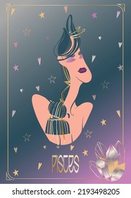 Portrait of a fantasy girl representing the zodiac sign Pisces. Horoscope on a gradient background with golden elements. Vector art.