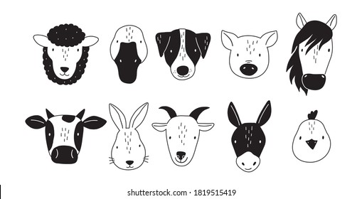 Portrait farm animal face - donkey, hare, dog, goose, sheep, goat, pig, cow in flat style for children's room decor