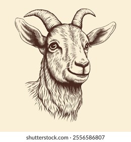 Portrait of farm goat. Farm animal, vintage graphic style