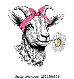Portrait of farm goat with daisy flower. Farm animal, vintage graphic style