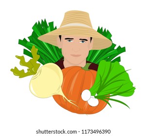 Portrait of a farmer with vegetables. Vector illustration