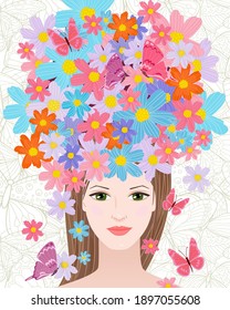 portrait of fashion girl with floral hairstyle with flying butterflies around
