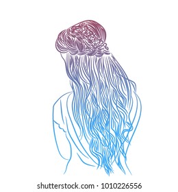Portrait of a fashion girl with long hair. Vector illustration. Silhouette. Graphic arts. Lines
