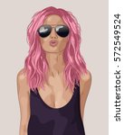Portrait of a fashion girl in sunglasses with long pink hair sends air kiss. Vector illustration