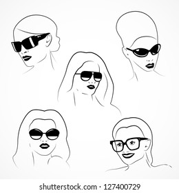 Portrait Of Fashion Girls In Glasses Isolated On White Background - Vector Illustration, Graphic Design Useful For Your Design. Eps 10. Logo Symbol