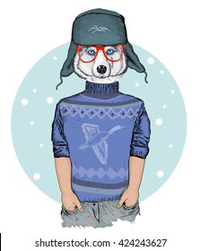 Portrait of fashion husky dog, fashionable husky hipster animals hand drawn vector 