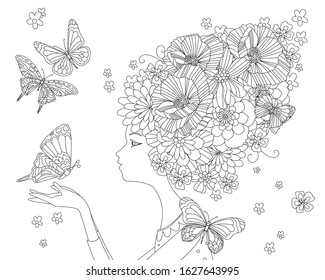portrait of fashion lady with bizarre floral hairstyle holding butterfly for your coloring book