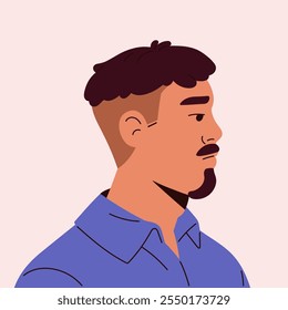 Retrato de homem da moda com corte de cabelo colorido brilhante e estilo de barba âncora. Perfil masculino com bigode. Avatar quadrado de Pessoa com bigode na vista lateral da face. Ilustração de vetor isolado plano