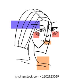 Portrait of fashion slim female in modern abstract style isolated on white background. Woman face surrounded by colorful geometric shape contemporary art hand drawing vector illustration