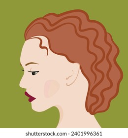 Portrait of a fashion woman. The head in profile of a European brunette woman. Face of girl. Flat design for for landing page, banner, social Media Avatar. Color vector illustration.