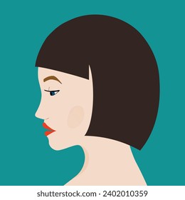 Portrait of a fashion woman. The head in profile of a European brunette woman. Face of girl. Flat design for for landing page, banner, social Media Avatar. Color vector illustration.