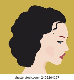 Portrait of a fashion woman. The head in profile of a European brunette woman. Face of girl. Flat design for for landing page, banner, social Media Avatar. Color vector illustration.