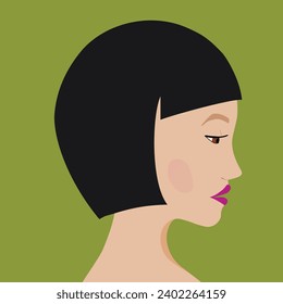 Portrait of a fashion woman. The head in profile of a European brunette woman. Face of girl. Flat design for for landing page, banner, social Media Avatar. Color vector illustration.