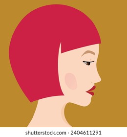 Portrait of a fashion woman. The head in profile of a European brunette woman. Face of girl. Flat design for for landing page, banner, social Media Avatar. Color vector illustration.