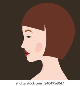 Portrait of a fashion woman. The head in profile of a European brunette woman. Face of girl. Flat design for for landing page, banner, social Media Avatar. Color vector illustration.