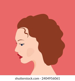 Portrait of a fashion woman. The head in profile of a European brunette woman. Face of girl. Flat design for for landing page, banner, social Media Avatar. Color vector illustration.