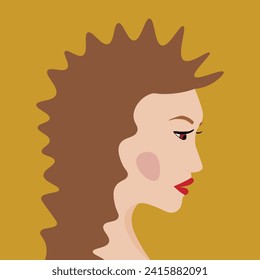 Portrait of a fashion woman. The head in profile of a European brunette woman. Face of girl. Flat design for for landing page, banner, social Media Avatar. Color vector illustration.