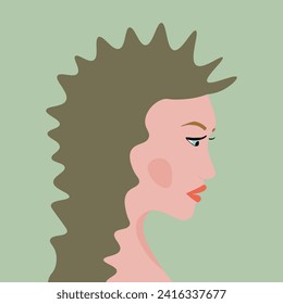 Portrait of a fashion woman. The head in profile of a European brunette woman. Face of girl. Flat design for for landing page, banner, social Media Avatar. Color vector illustration.