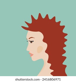 Portrait of a fashion woman. The head in profile of a European brunette woman. Face of girl. Flat design for for landing page, banner, social Media Avatar. Color vector illustration.