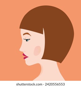 Portrait of a fashion woman. The head in profile of a European brunette woman. Face of girl. Flat design for for landing page, banner, social Media Avatar. Color vector illustration.