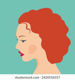 Portrait of a fashion woman. The head in profile of a European brunette woman. Face of girl. Flat design for for landing page, banner, social Media Avatar. Color vector illustration.