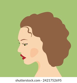 Portrait of a fashion woman. The head in profile of a European brunette woman. Face of girl. Flat design for for landing page, banner, social Media Avatar. Color vector illustration.