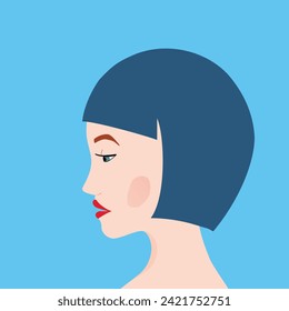 Portrait of a fashion woman. The head in profile of a European brunette woman. Face of girl. Flat design for for landing page, banner, social Media Avatar. Color vector illustration.