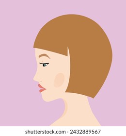 Portrait of a fashion woman. The head in profile of a European brunette woman. Face of girl. Flat design for for landing page, banner, social Media Avatar. Color vector illustration.