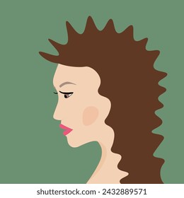 Portrait of a fashion woman. The head in profile of a European brunette woman. Face of girl. Flat design for for landing page, banner, social Media Avatar. Color vector illustration.